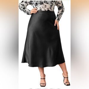 SHEIN Classic Black Satin Midi A-Line Skirt Plus Curve Size 2X